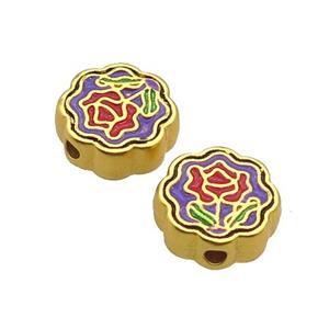 Copper Button Beads Multicolor Enamel Flower Unfade Gold Plated, approx 11mm