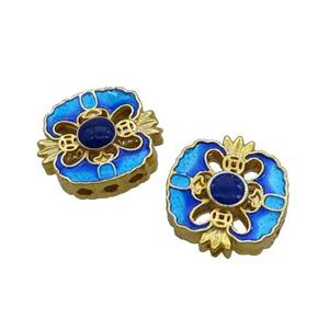 Copper Cloisonne Beads Square Blue 3holes Gold Plated, approx 15-16mm