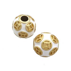 Copper Round Beads White Enamel Large Hole Gold Plated, approx 11-12mm, 3mm hole