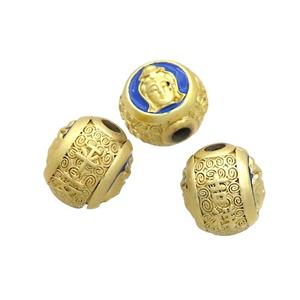 Copper Buddha Beads Blue Enamel Large Hole Gold Plated, approx 12-14mm, 3mm hole