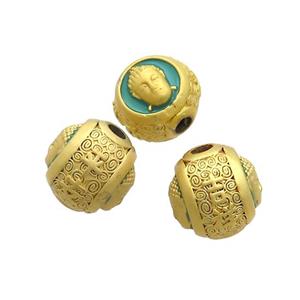 Copper Buddha Beads Teal Enamel Large Hole Gold Plated, approx 12-14mm, 3mm hole