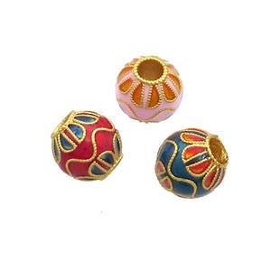 Copper Round Beads Cloisonne Lotus Large Hole 18K Gold Plated Mixed, approx 10mm, 3mm hole