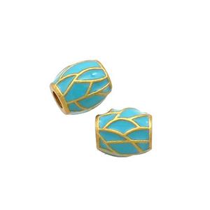 Copper Barrel Beads Teal Enamel 18K Gold Plated, approx 6-7mm