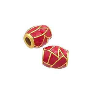 Copper Barrel Beads Red Enamel 18K Gold Plated, approx 6-7mm