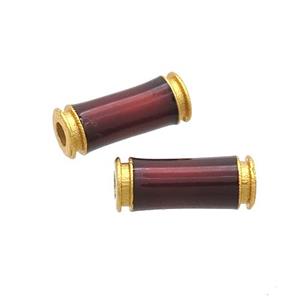 Copper Tube Beads DarkRed Enamel 18K Gold Plated, approx 5-12mm, 2mm hole
