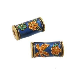 Copper Tube Beads Blue Cloisonne 18K Gold Plated, approx 6-12mm, 2mm hole