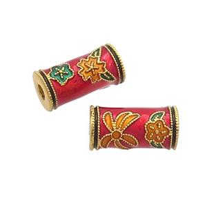 Copper Tube Beads Red Cloisonne 18K Gold Plated, approx 6-12mm, 2mm hole