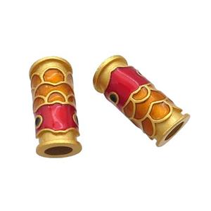 Copper Tube Beads Multicolor Cloisonne Fish Large Hole 18K Gold Plated, approx 7-16mm, 4mm hole