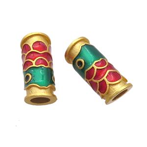 Copper Tube Beads Multicolor Cloisonne Fish Large Hole 18K Gold Plated, approx 7-16mm, 4mm hole
