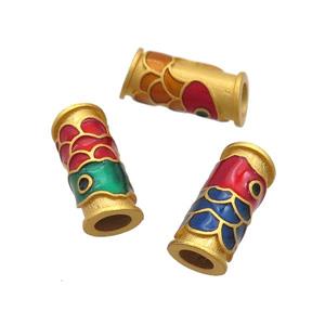 Copper Tube Beads Multicolor Cloisonne Fish Large Hole 18K Gold Plated Mixed, approx 7-16mm, 4mm hole
