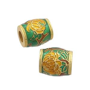 Copper Barrel Beads Green Cloisonne Flower Large Hole 18K Gold Plated, approx 10-11mm, 4mm hole