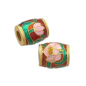 Copper Barrel Beads Cloisonne Flower Large Hole 18K Gold Plated, approx 10-11mm, 4mm hole