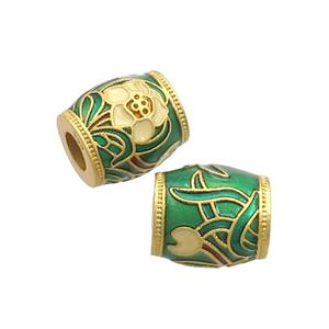Copper Barrel Beads Green Cloisonne Flower Large Hole 18K Gold Plated, approx 10-11mm, 4mm hole