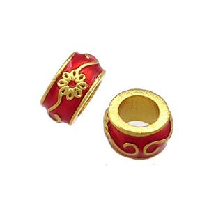 Copper Rondelle Beads Red Cloisonne Large Hole 18K Gold Plated, approx 7.5mm, 4mm hole