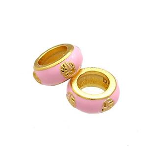 Copper Rondelle Beads Pink Cloisonne Large Hole 18K Gold Plated, approx 8mm, 5mm hole