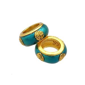 Copper Rondelle Beads Teal Cloisonne Large Hole 18K Gold Plated, approx 8mm, 5mm hole