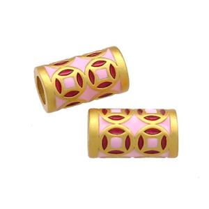 Copper Tube Beads Pink Cloisonne Large Hole 18K Gold Plated, approx 7-11mm, 4mm hole