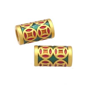 Copper Tube Beads Green Red Cloisonne Large Hole 18K Gold Plated, approx 7-11mm, 4mm hole