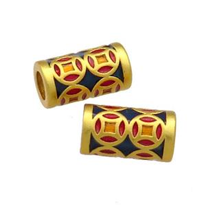 Copper Tube Beads Blue Red Cloisonne Large Hole 18K Gold Plated, approx 7-11mm, 4mm hole