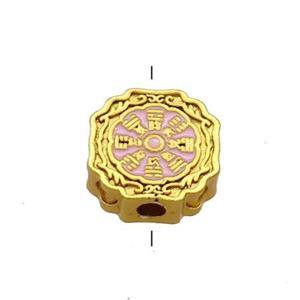 Copper Circle Beads Pink Cloisonne Chinese Eight Diagrams 18K Gold Plated, approx 11mm