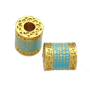 Copper Tube Beads Teal Cloisonne Buddhist Large Hole 18K Gold Plated, approx 10-11mm, 4mm hole