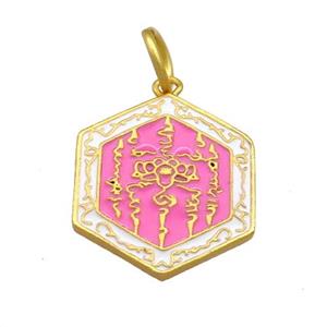 Copper Hexagon Pendant Hotpink Cloisonne Buddhist 18K Gold Plated, approx 17-19mm