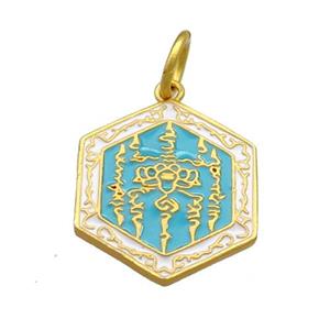 Copper Hexagon Pendant Teal Cloisonne Buddhist 18K Gold Plated, approx 17-19mm