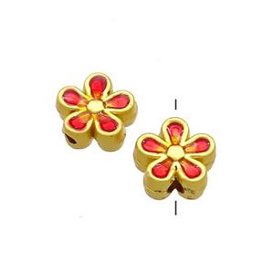 Copper Flower Beads Red Painted Gold Plated, approx 7.5mm