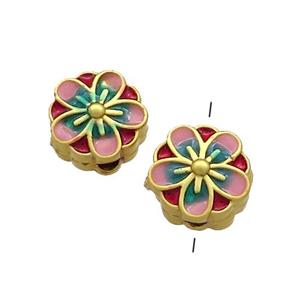Copper Flower Beads Pink Painted Gold Plated, approx 10mm