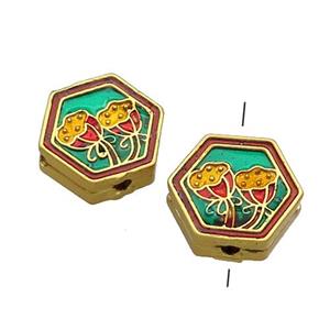 Copper Hexagon Beads Multicolor Painted Flower Gold Plated, approx 14mm