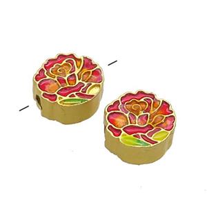 Copper Flower Beads Red Painted Gold Plated, approx 11mm