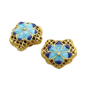 Copper Flower Beads Blue Cloisonne Gold Plated, approx 13.5-16mm