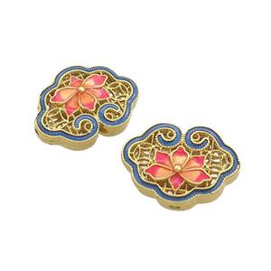 Copper Flower Talisman Beads Painted Flower Gold Plated, approx 14.5-20mm