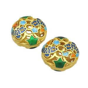 Copper Coin Beads Multicolor Painted Fish Hollow Gold Plated, approx 18mm