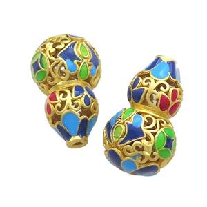 Copper Gourd Beads Multicolor Painted Hollow Gold Plated, approx 15-25mm