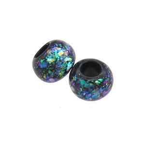 Black Resin Rondelle Beads Pave Rainbow Fire Opal Large Hole Smooth, approx 9-9.5mm, 3mm hole