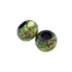 Black Resin Rondelle Beads Pave Green Fire Opal Large Hole Smooth, approx 9-9.5mm, 3mm hole