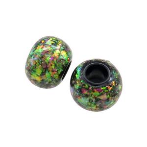 Black Resin Rondelle Beads Pave Rainbow Fire Opal Large Hole Smooth, approx 10.5-11mm, 4mm hole