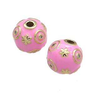 Copper Round Beads Pave Zircon Pink Enamel 18K Gold Plated, approx 14mm