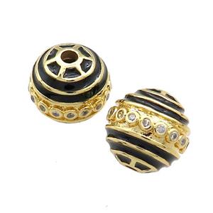 Copper Round Beads Pave Zircon Black Enamel 18K Gold Plated, approx 14mm