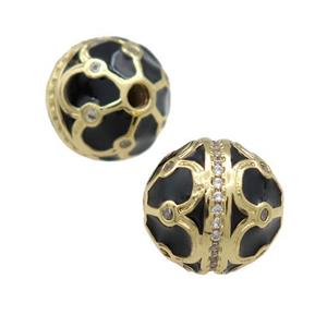 Copper Round Beads Pave Zircon Black Enamel 18K Gold Plated, approx 14mm