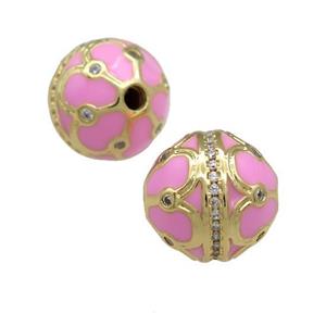Copper Round Beads Pave Zircon Pink Enamel 18K Gold Plated, approx 14mm