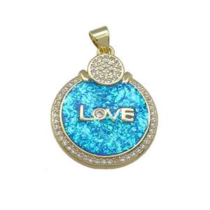 Copper Circle Pendant Pave Fire Opal Zircon LOVE 18K Gold Plated, approx 20mm