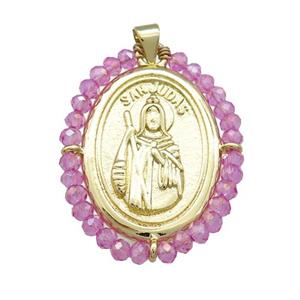 Saint Jude Charms Copper Medal Pendant With Hotpink Crystal Glass Wire Wrapped Oval Gold Plated, approx 27-35mm