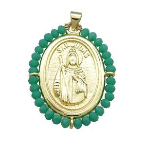 Saint Jude Charms Copper Medal Pendant With Green Crystal Glass Wire Wrapped Oval Gold Plated, approx 27-35mm