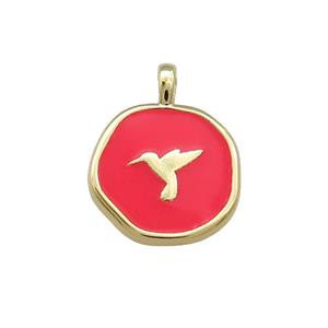 Copper Circle Pendant Hummerbirds Red Enamel Gold Plated, approx 14mm