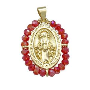 Virgin Mary Charms Copper Medal Pendant With Red Crystal Glass Wire Wrapped Oval Gold Plated, approx 20-25mm