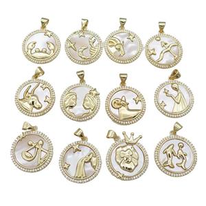 Zodiac Charms Copper Circle Pendant Pave Shell Zircon 18K Gold Plated Mixed, approx 20mm