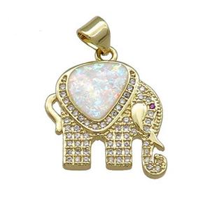 Elephant Charms Copper Pendant Pave White Fire Opal Zircon 18K Gold Plated, approx 18-19mm