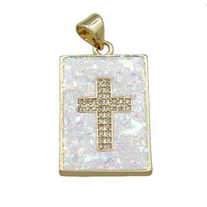 Copper Rectangle Pendant Pave White Fire Opal Zircon Cross 18K Gold Plated, approx 16-21mm